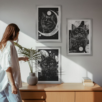 Lot de 3 tableaux pour salon Chats noirs espace lunaire