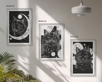 Lot de 3 tableaux pour salon Chats noirs espace lunaire