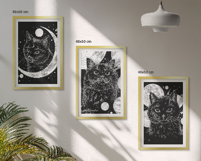 Lot de 3 tableaux pour salon Chats noirs espace lunaire