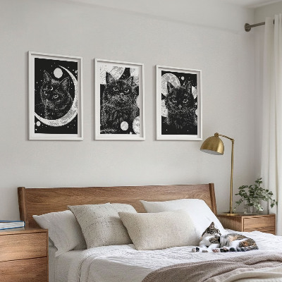 Lot de 3 tableaux pour salon Chats noirs espace lunaire
