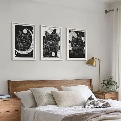 Lot de 3 tableaux pour salon représentant des chats noirs dans un espace lunaire