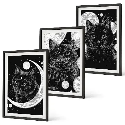 Lot de 3 tableaux pour salon représentant des chats noirs dans un espace lunaire