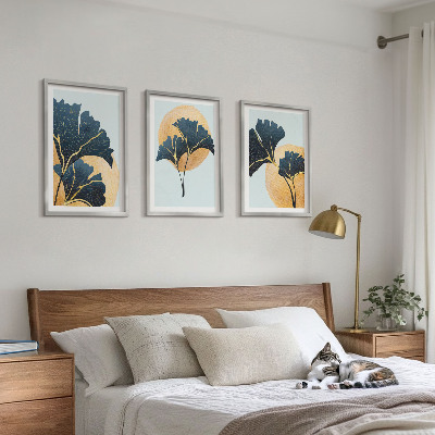 Lot de 3 tableaux pour salon Feuilles de ginkgo sur fond clair