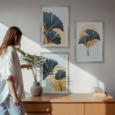 Lot de 3 tableaux pour salon Feuilles de ginkgo sur fond clair