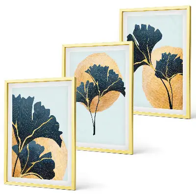 Lot de 3 tableaux pour salon motif feuilles de ginkgo sur fond clair