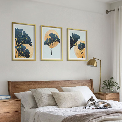 Lot de 3 tableaux pour salon Feuilles de ginkgo sur fond clair