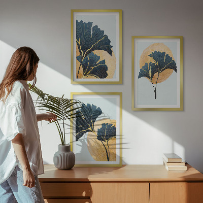 Lot de 3 tableaux pour salon Feuilles de ginkgo sur fond clair