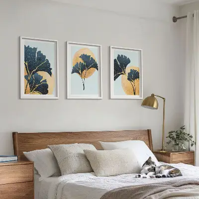 Lot de 3 tableaux pour salon motif feuilles de ginkgo sur fond clair