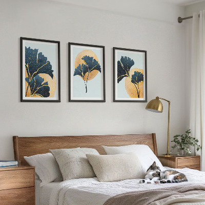 Lot de 3 tableaux pour salon Feuilles de ginkgo sur fond clair