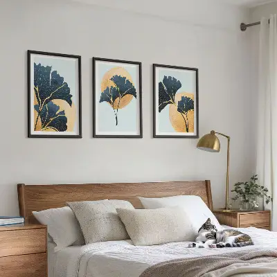 Lot de 3 tableaux pour salon motif feuilles de ginkgo sur fond clair