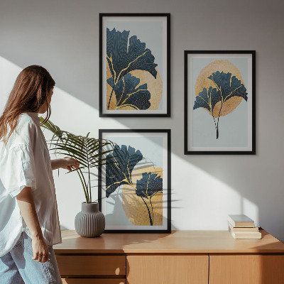 Lot de 3 tableaux pour salon Feuilles de ginkgo sur fond clair