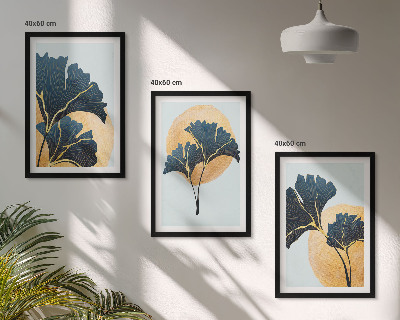 Lot de 3 tableaux pour salon Feuilles de ginkgo sur fond clair