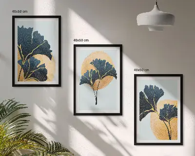 Lot de 3 tableaux pour salon motif feuilles de ginkgo sur fond clair