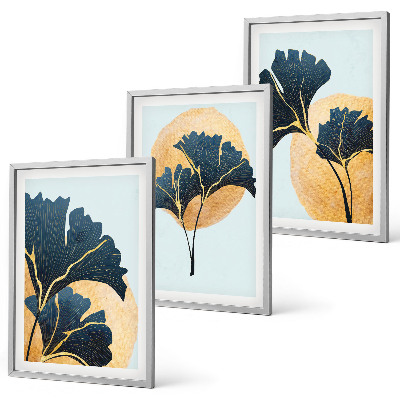 Lot de 3 tableaux pour salon Feuilles de ginkgo sur fond clair