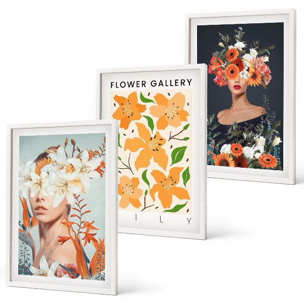 Lot de 3 tableaux pour salon Portraits floraux avec bouquets