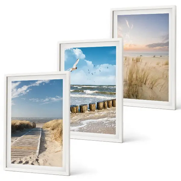 Lot de 3 tableaux pour salon représentant une plage avec du sable, des vagues, le ciel et des oiseaux
