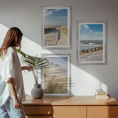 Lot de 3 tableaux pour salon représentant une plage avec du sable, des vagues, le ciel et des oiseaux