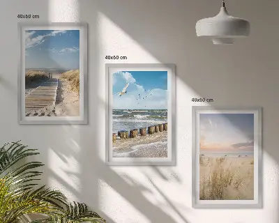 Lot de 3 tableaux pour salon représentant une plage avec du sable, des vagues, le ciel et des oiseaux