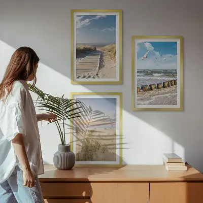 Lot de 3 tableaux pour salon représentant une plage avec du sable, des vagues, le ciel et des oiseaux