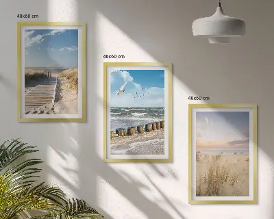 Lot de 3 tableaux pour salon représentant une plage avec du sable, des vagues, le ciel et des oiseaux