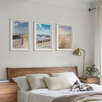 Lot de 3 tableaux pour salon représentant une plage avec du sable, des vagues, le ciel et des oiseaux