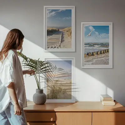 Lot de 3 tableaux pour salon représentant une plage avec du sable, des vagues, le ciel et des oiseaux
