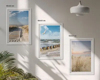 Lot de 3 tableaux pour salon représentant une plage avec du sable, des vagues, le ciel et des oiseaux