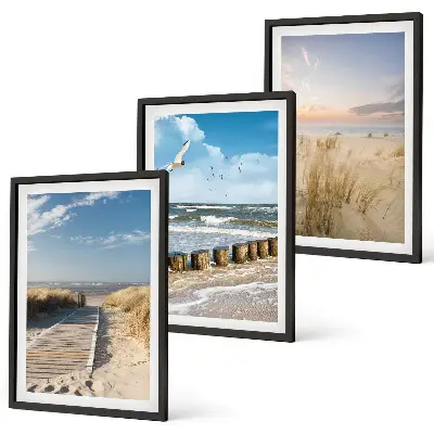 Lot de 3 tableaux pour salon représentant une plage avec du sable, des vagues, le ciel et des oiseaux