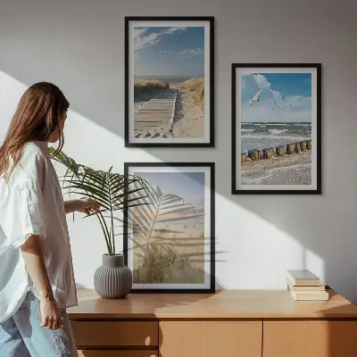 Lot de 3 tableaux pour salon représentant une plage avec du sable, des vagues, le ciel et des oiseaux