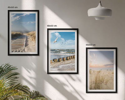 Lot de 3 tableaux pour salon Plage, sable, vagues, ciel, oiseaux