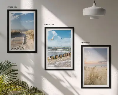 Lot de 3 tableaux pour salon représentant une plage avec du sable, des vagues, le ciel et des oiseaux