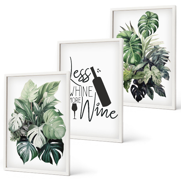 Lot de 3 tableaux pour salon Feuilles de plante vert vin