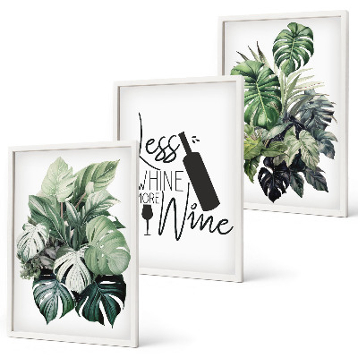 Lot de 3 tableaux pour salon Feuilles de plante vert vin