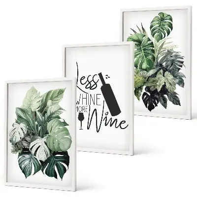 Lot de 3 tableaux pour salon motif feuillage vert vin