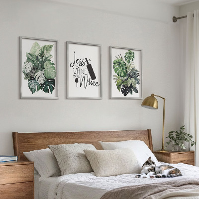 Lot de 3 tableaux pour salon Feuilles de plante vert vin