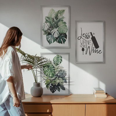 Lot de 3 tableaux pour salon Feuilles de plante vert vin