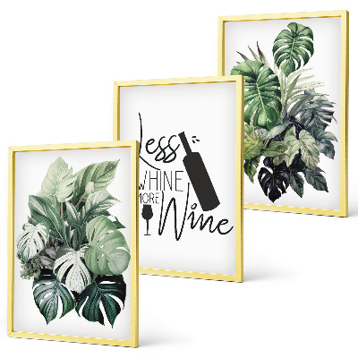 Lot de 3 tableaux pour salon Feuilles de plante vert vin