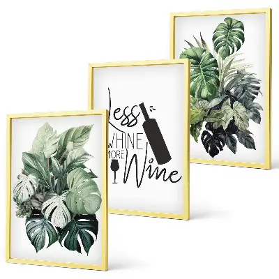 Lot de 3 tableaux pour salon motif feuillage vert vin