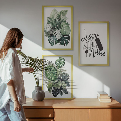 Lot de 3 tableaux pour salon Feuilles de plante vert vin