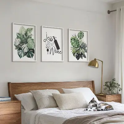 Lot de 3 tableaux pour salon motif feuillage vert vin