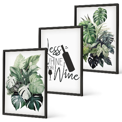 Lot de 3 tableaux pour salon Feuilles de plante vert vin