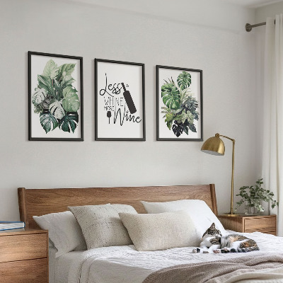 Lot de 3 tableaux pour salon Feuilles de plante vert vin