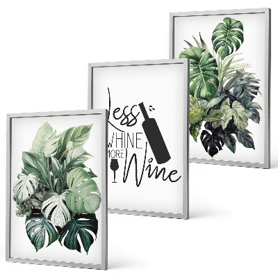 Lot de 3 tableaux pour salon Feuilles de plante vert vin