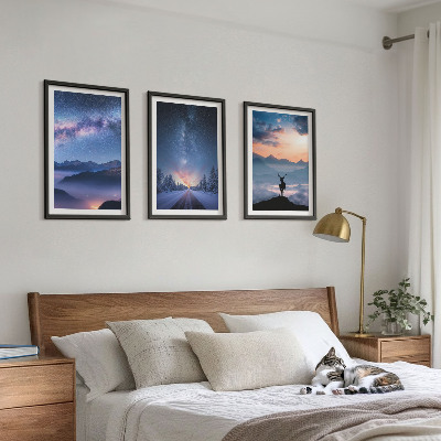 Cadre photo mural Ciel nocturne montagnes brouillard cerf