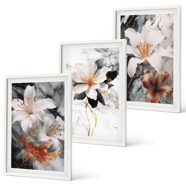Lot de 3 tableaux pour salon Fleurs marbre blanc noir
