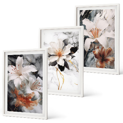 Lot de 3 tableaux pour salon Fleurs marbre blanc noir