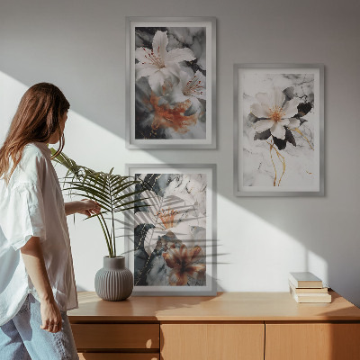 Lot de 3 tableaux pour salon Fleurs marbre blanc noir