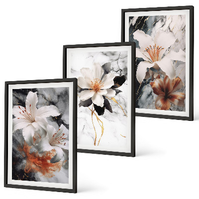 Lot de 3 tableaux pour salon Fleurs marbre blanc noir