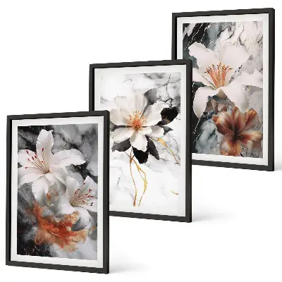 Lot de 3 tableaux pour salon motif fleurs en marbre blanc et noir