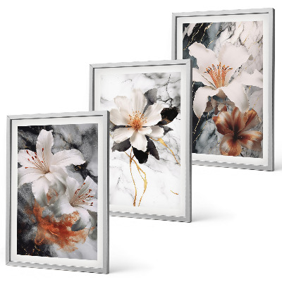 Lot de 3 tableaux pour salon Fleurs marbre blanc noir